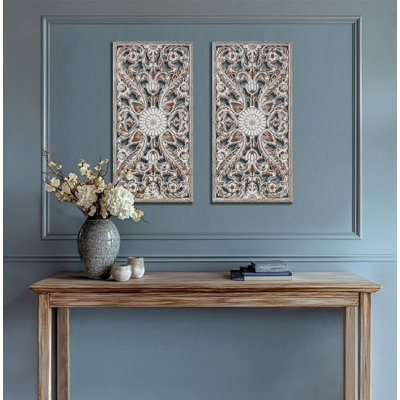 2 PCS Botanical Panel Distressed Carved Wood Wall Decor Set