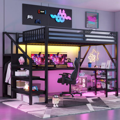 Grand lit mezzanine en métal avec garde-robe et lumière DEL, grand lit mezzanine avec bureau en forme de L et port USB pour enfants, adolescents, adultes