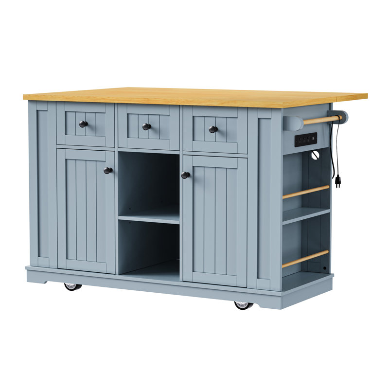 53.1"W Wood Kitchen Island with Drop Leaf, Kitchen Cart with Drawers, Cabinets, Spice Rack, Towel Bar, and Locking Wheels