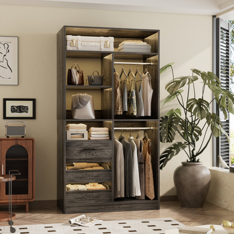 36" Closet System With 3 Drawers And 2 Rods, Shoes Storage With Hutches, Gray