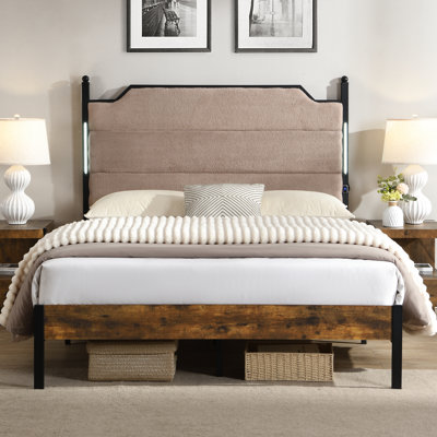 Structure de très grand lit avec tête de lit tapissier, fonction de charge et éclairage à DEL tactile, solution de rangement sous le sommier, aucun sommier nécessaire, mobilier de chambre à coucher moderne et confortable, revêtement en molleton d'agneau silencieux
