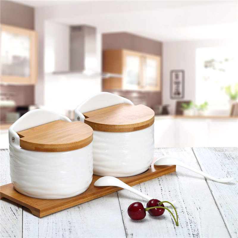 Bol à sucre en céramique avec couvercles et cuillères - Pot à épices en porcelaine, salière pour la cuisine, avec étiquettes à tableau noir, 8,8 oz liq., 260 ml