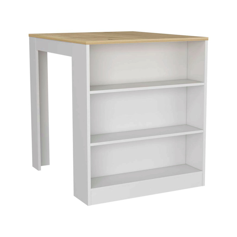 Kitchen Counter Dining Table ,Two Legs, Three Side Shelves -White / Light Oak