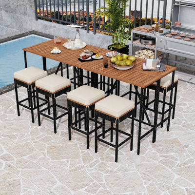 Outdoor 10Pcs Acacia Wood Bar Height Dining Set with Fold-Down Tabletop and 8 Cushioned Wicker Stools