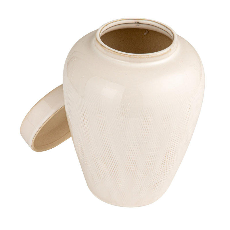 Large Decorative Debossed Stoneware Ginger Jar With Pattern, Lid And Reactive Glaze
