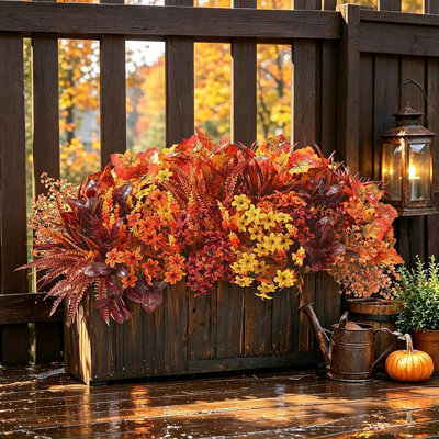Lot de 24 fleurs artificielles d'automne, chrysanthèmes artificiels résistants aux UV avec fougères de Boston et feuilles d'érable, plantes d'automne aux couleurs inaltérables pour la décoration du porche, du jardin, de la maison et de l'Action de grâce