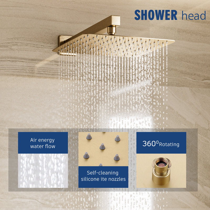 Brushed Gold 10" Square Rainfall Shower System with Handheld