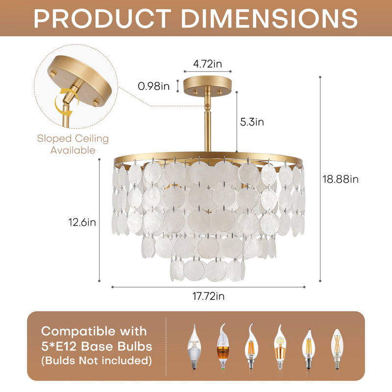 Plafonnier semi-encastré en laiton Capiz, 5 lumières, 12.6" H x 17.72" W x 17.72" D