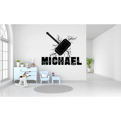 Hammer And Lightning Bolts Custom Name Wall Decal, Thunder Bolt Wall Decor, Hammer Lightning Strike Wall Decal, Superhero Wall Decor 304LU