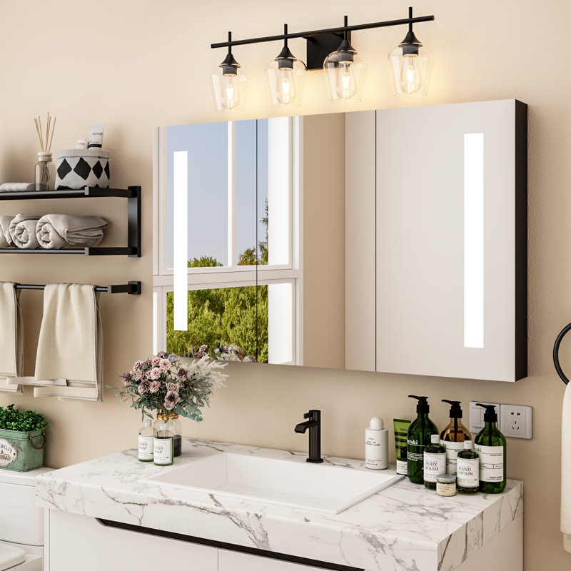 Éclairage pour meuble-lavabo Siordia, Noir, H 9,65 po x l 28,94 po x P 6,3 po, Quatre lumières