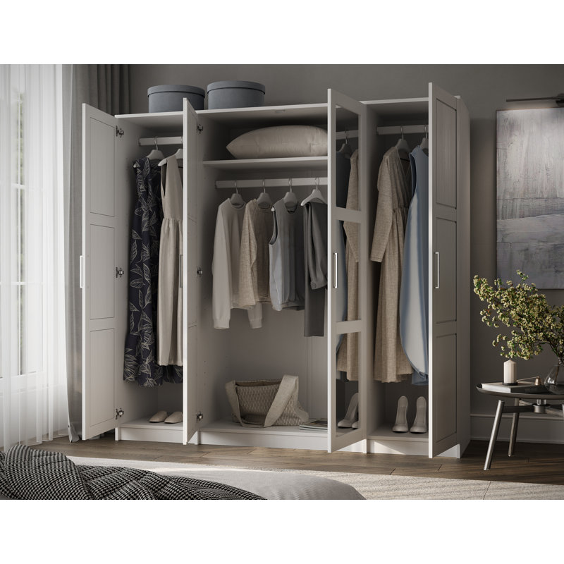 Armoire-penderie 100% en bois massif à 4 portes avec porte miroir, étagères réglables et tringle de suspension suédoise - Grande armoire de rangement pour garde-robe de chambre à coucher