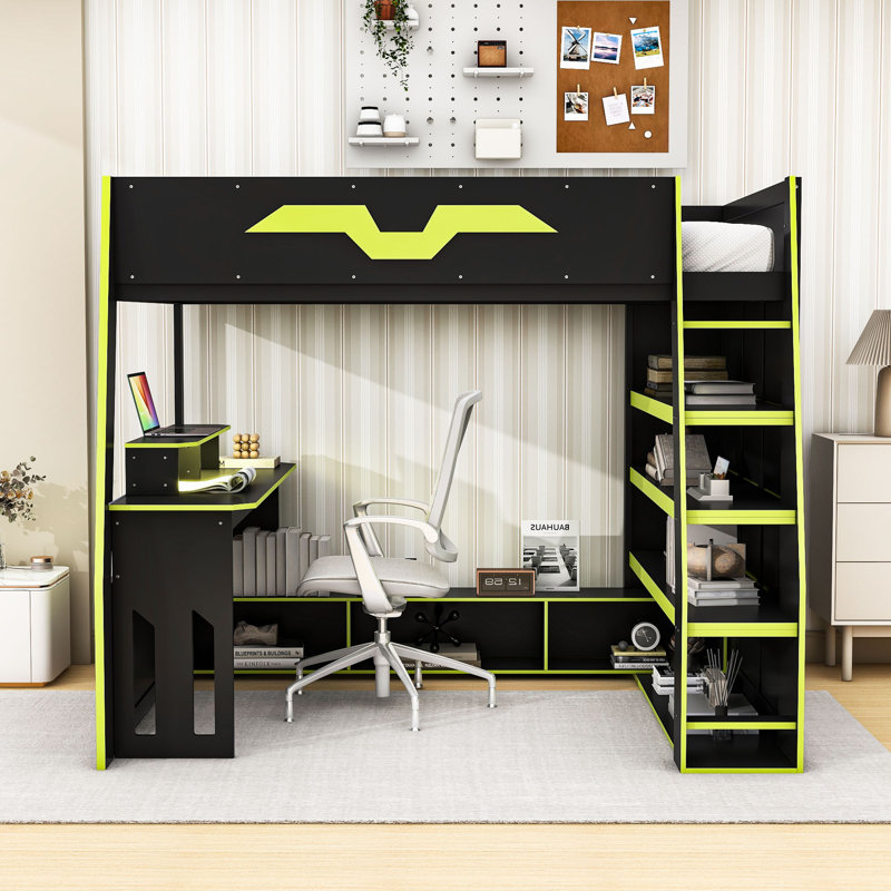 Lit mezzanine double en bois avec bureau, éclairage RVB et rangement, Vert