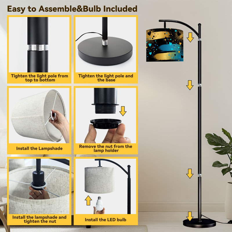 Arc Floor Lamp Abstract Gold Blue Heart Brush Stroke Bands Splatter Dots Black Floor Lamps with Remote LED Lights Adjustable Lamp Shades Tall Standing Lamps for Reading Office Living Room