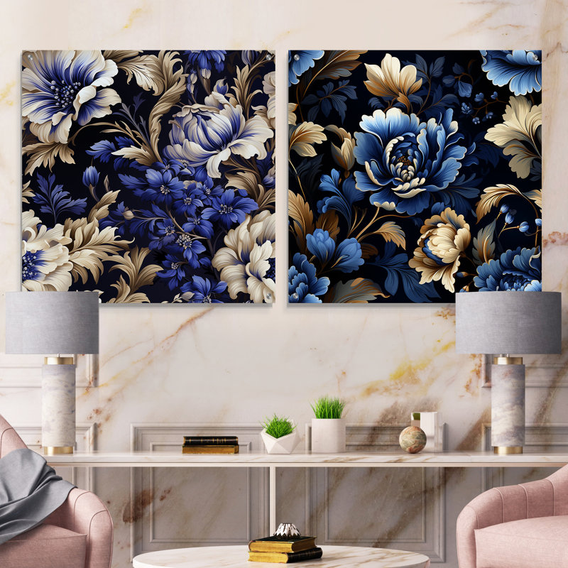 Regal bleu cobalt damassé motif victorien II - ensemble d'art mural en acrylique floral sur verre, H 36 po x l 73 po