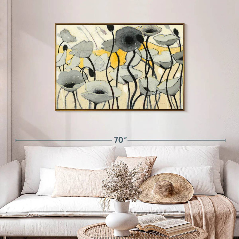 Fleur de jour de neige gris, Cadre flottant doré, 43 po x 29 po
