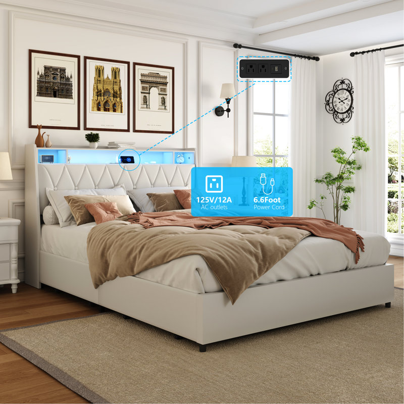 White Metal Queen Bed Frame With Ergonomic Headboard, Led Lighting, And Storage For A Comfortable Bedroom Setup Metal, Frame, Faux Leather Upholstery, Shelf