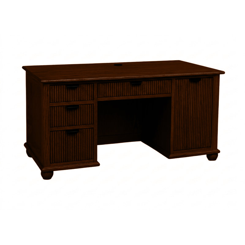 Modern Oak Solid Wood Fluted Computer Desk with CPU storage, Chocolate Mousse