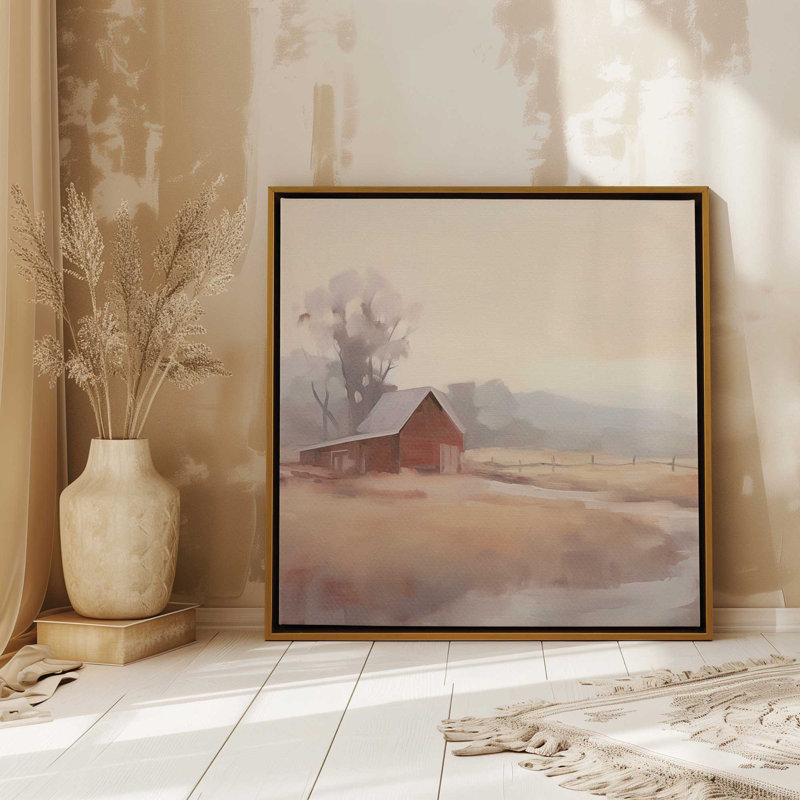 Barn and Misty Fields Print on Canvas, Black Framed, 24.75" H x 24.75" W x 1.75" D