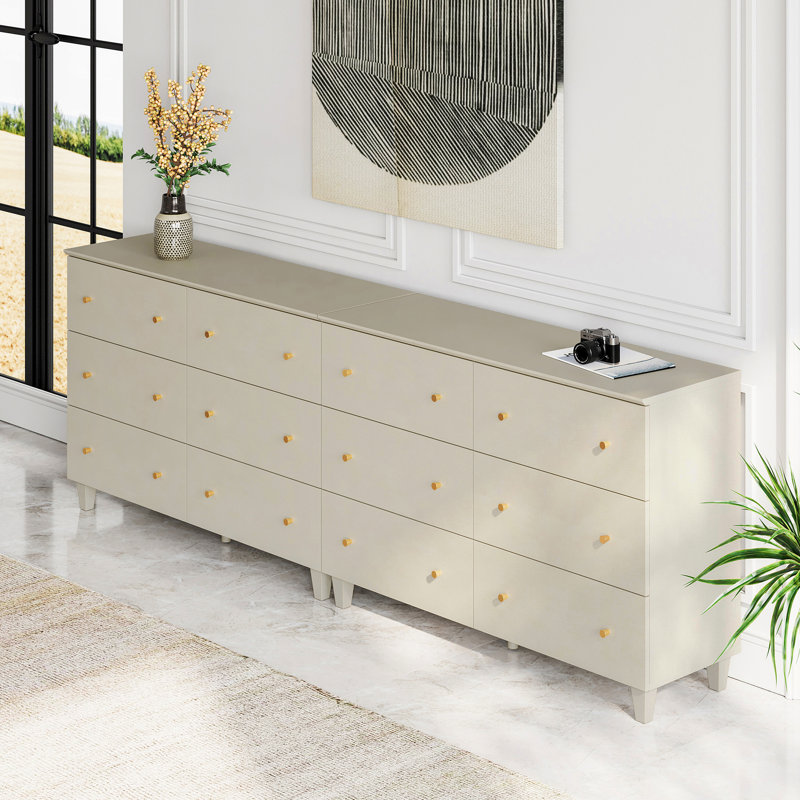 Ensemble de 2 commodes décoratives avec 12 tiroirs pour la chambre à coucher, 94,4 po, Beige