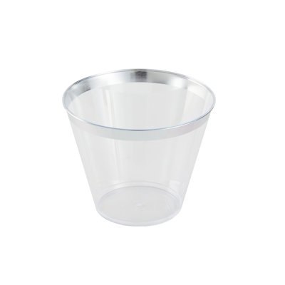 Restaurantware 9 oz Plastic Cups 500 Count Chef 101 Clear Disposable Cup with Silver Rim Drinkware Cold Beverage Tumbler Durable Design for Parties and Events