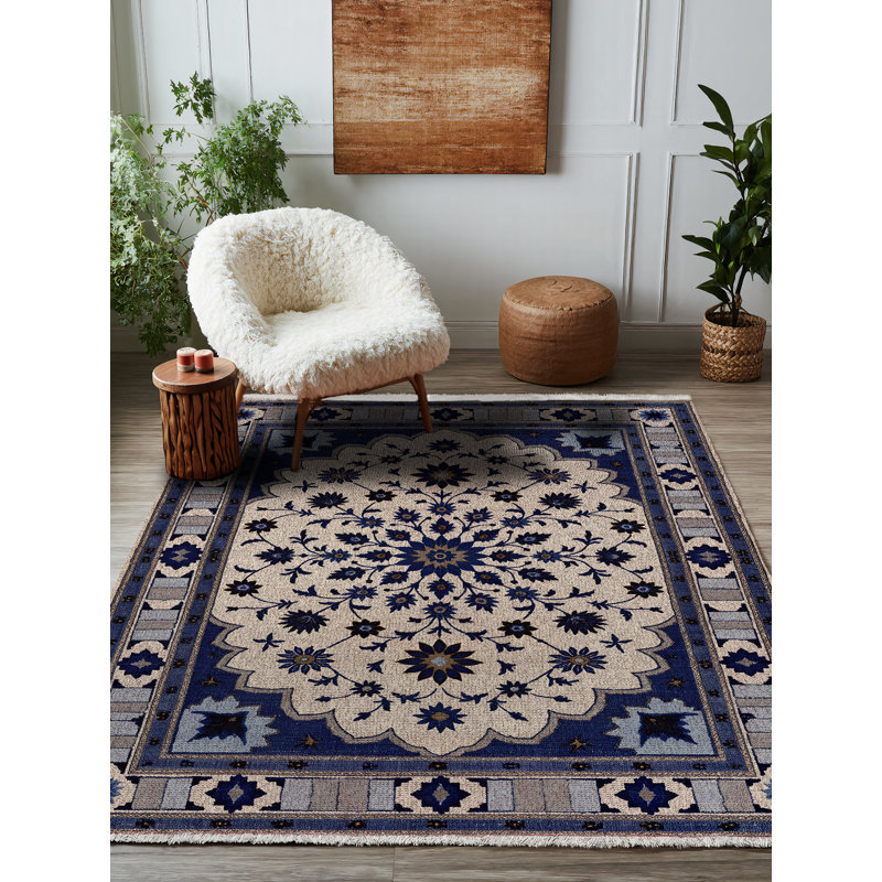 Tapis bleu marine en coton et polyester à imprimé numérique Armend Collection, Rectangle 3 pi 4 po x 5 pi