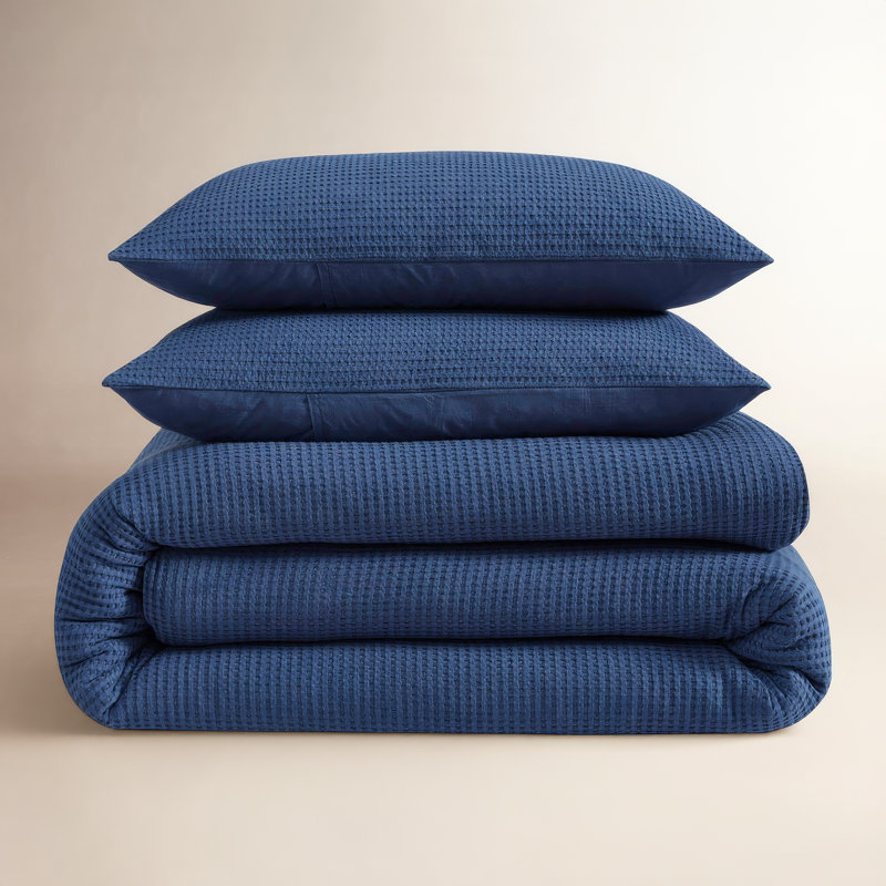 Cotton Waffle Duvet 3 Pc , Queen Duvet Cover + 2 Queen Shams, Navy