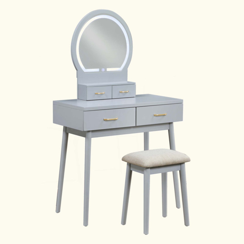 Magnifique commode avec miroir et tabouret avec tiroirs de rangement, Gris