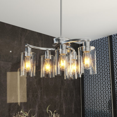 Lustres en nickel brossé 6 lumières pour la salle à manger au-dessus de la table, luminaire suspendu industriel à hauteur réglable pour la chambre à coucher avec îlot de cuisine, abat-jour en verre transparent