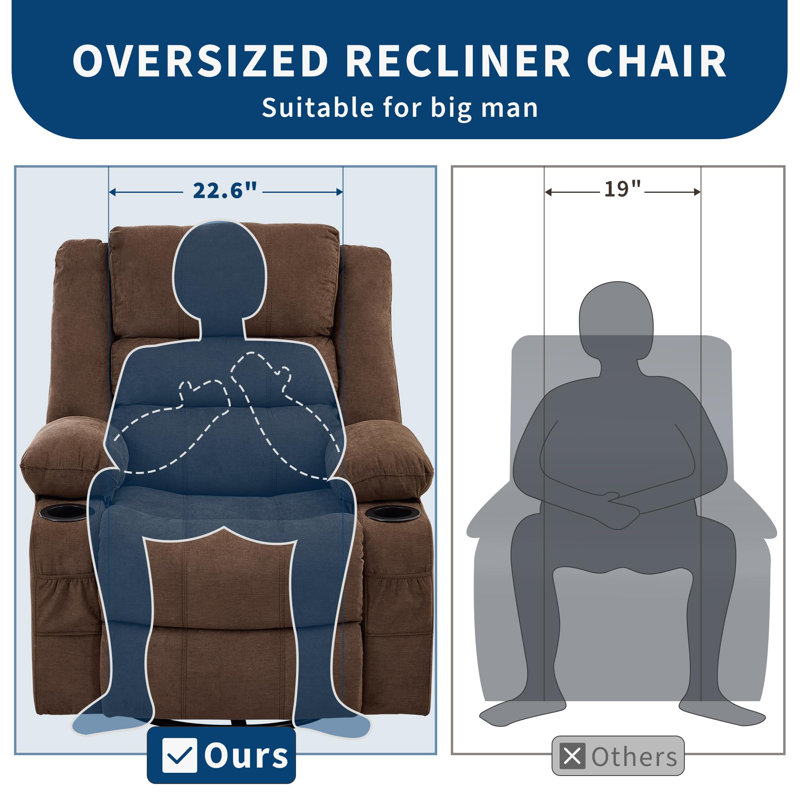 360° Swivel Rocker Recliner with Cup Holders & Pockets for Adults, Brown Linen Blend