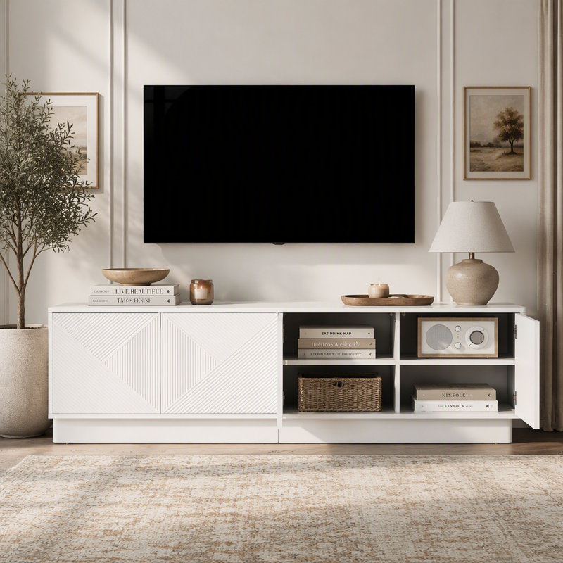 Meuble élégant à 4 portes au design ondulé, avec étagères réglables et éclairage d'ambiance DEL, Blanc
