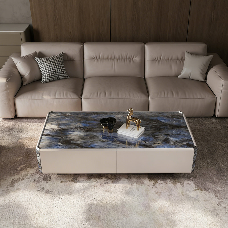 Table basse rectangulaire en ardoise à 4 tiroirs, Bleu, H 16,53 po x L 59,05 po x l 31,49 po, Gris