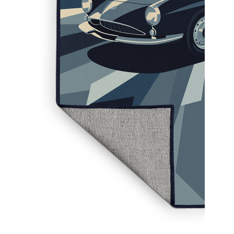 Machine Washable Eldred Retro Coupe Car Retro Geometric Rug in Beige – Navy Binding, 8x10