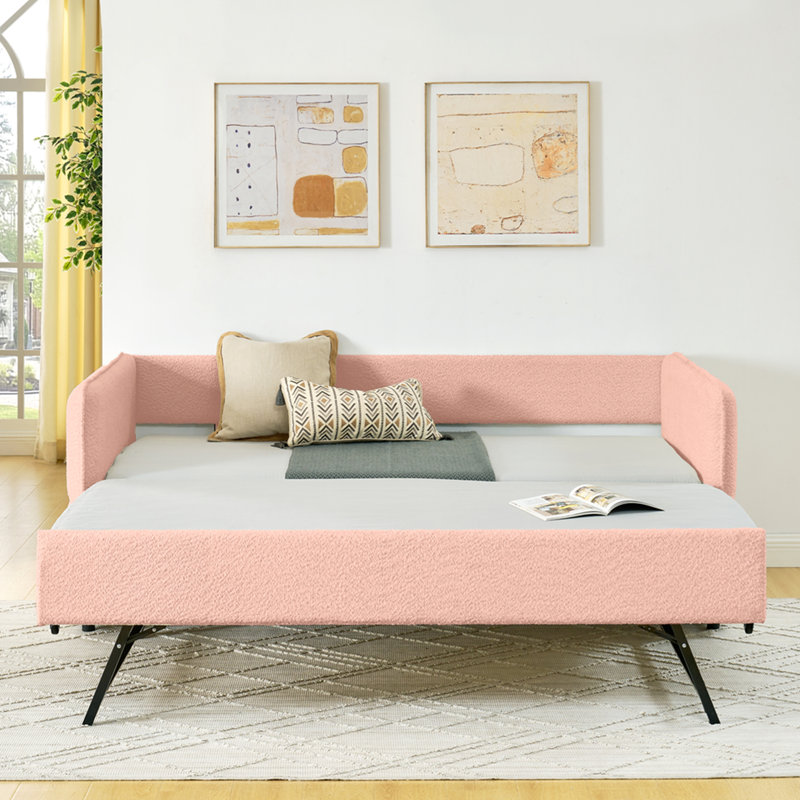 Lit de jour avec lit gigogne escamotable et capitonné, taille simple, tissu Boucle (83 po x 43 po x 29,5 po), Lit simple