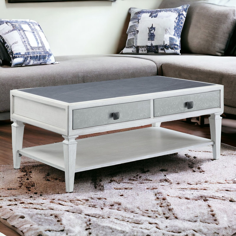 Table basse Iannah avec rangement, en gris rustique et blanc vieilli