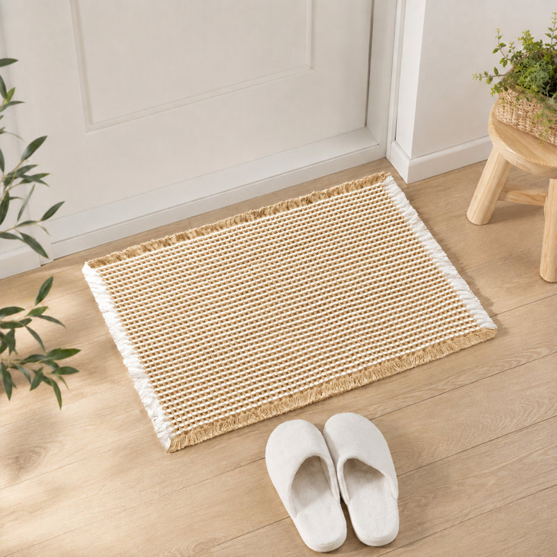 Tapis de bain à franges gaufrées, 20" W x 32" L, Brown/White