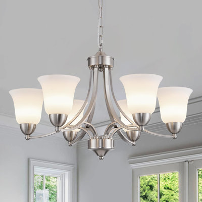 Farmhouse Chandelier With Glass Shade - 6 Light Vintage Ceiling Pendant Light For Dining Room, Entryway, Foyer, Kitchen Island, Adjustable Height, E26 Base Compatible With LED, CFL, Halogen Bulbs