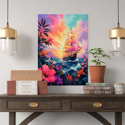 Canvas Wall Art Tropical Sunset Sailboat Ocean Floral Wall Art Vintage Poster Print Home Decor
