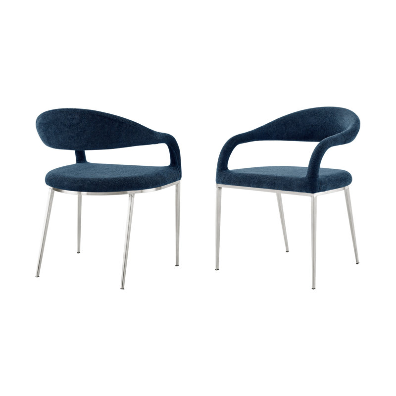 Ensemble de deux fauteuils de salle à manger rembourrés en polyester bleu et argent