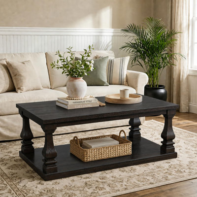 46" Rustic Wood Coffee Table with Storage Shelf, Square 2-Tier Center Table Made with Thick Wood Top and Solid Wood Legs, Espresso Finish