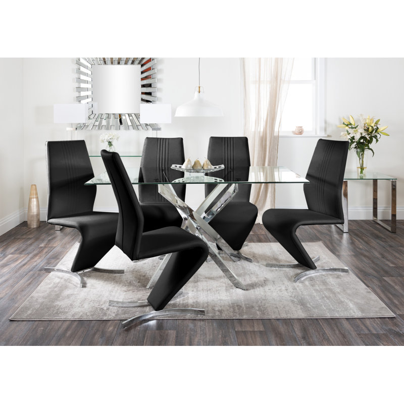 Lenworth Modern Chrome Metal and Glass Dining Table Set with 6 Luxury Faux Leather Dining Chairs, Black