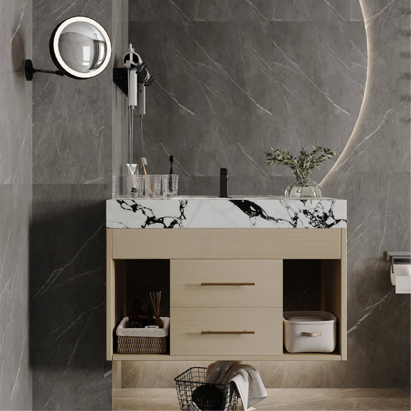 Ensemble de meuble-lavabo flottant 29,9 po avec lavabo sous-comptoir en céramique fritté et fixation murale pour petites salles de bain, appartement