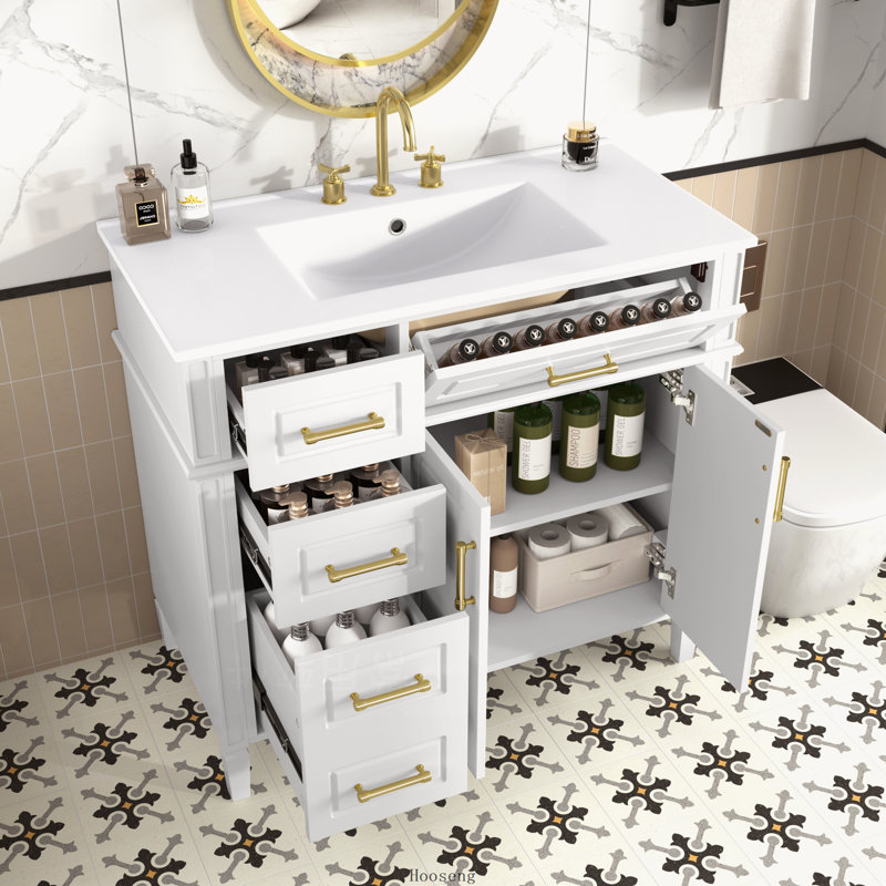 Meuble-lavabo autoportant 36 po avec comptoir d'évier, armoire en bois de pin et panneau de fibres à densité moyenne avec 4 tiroirs (1 tiroir rabattable), 2 portes et tablette réglable, lavabo en céramique, blanc