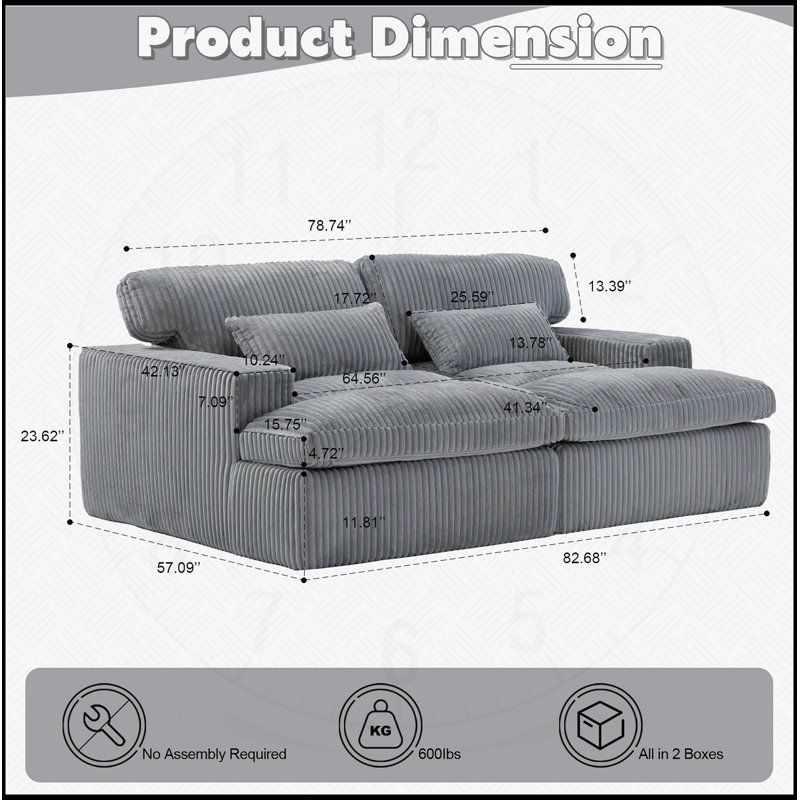 Double méridienne intérieure, canapé-lit rembourré surdimensionné pour l'intérieur, canapé de luxe à assise profonde, sans assemblage requis, gris