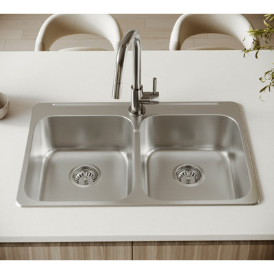 Cantrio KSS-522 Évier de cuisine à double cuve à montage en surface en acier inoxydable 304 calibre 18 de 31,25 po