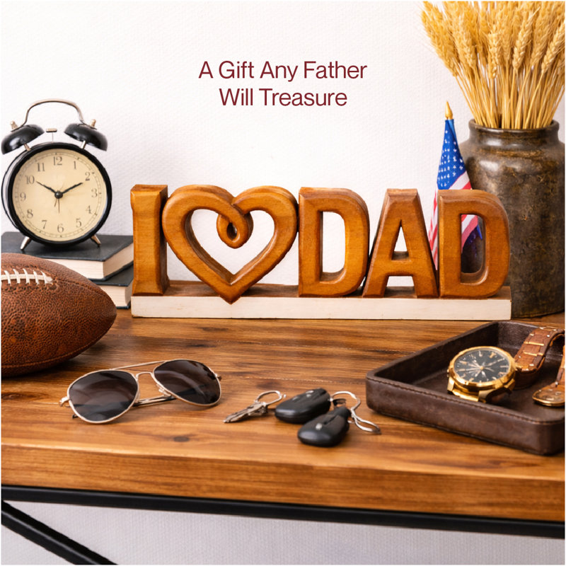 Emmeric Handmade Wooden I Love Dad Sculpture Solid Acacia Wood Home Decor Unique Christmas Gift for Fathers