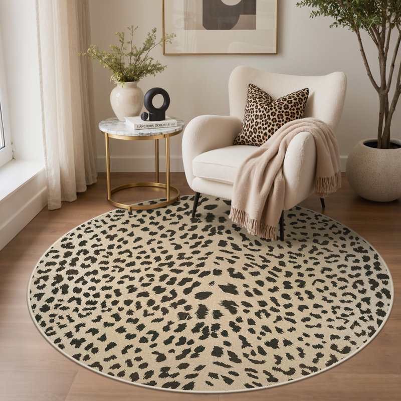 Tapis d'intérieur brun léopard Savanna, Rond 5 pi, Noir / Beige