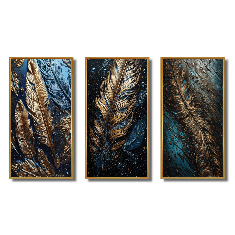 «Gold Feather Glamour», 3 pièces sur toile, H 40 po x l 60 po, Cadre flottant doré