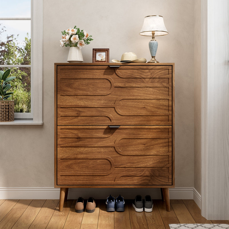 Modern Freestanding Walnut Shoe Cabinet with 2 Flip Drawers