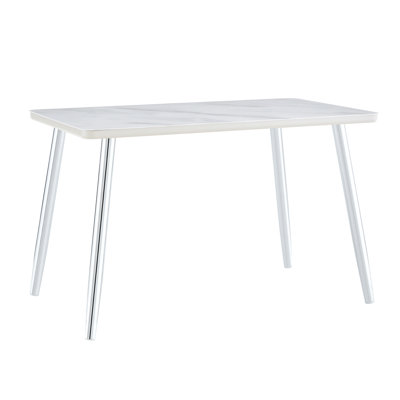 Modern 4-6 Person Rectangular Dining Table, Faux Marble Tempered Glass Top Kitchen Table With Silver Metal Tapered Legs, Sleek Minimalist Dinner Table