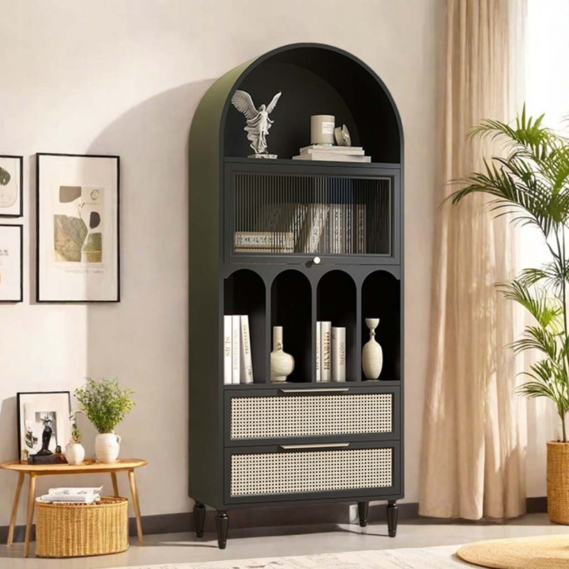 Vitrine arquée en bois massif avec bibliothèque, Noir, noir, noir, noir